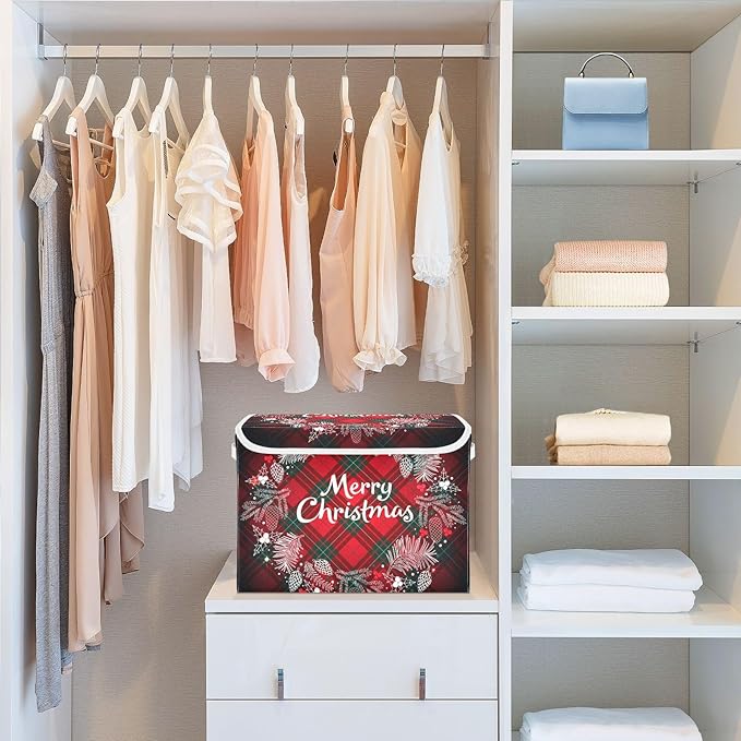 Christmas Baskets Collapsible Storage Bins with Lids, Christmas Monogram Wreath Tartan Plaid Storage Boxes Clothes Baskets for Organizing