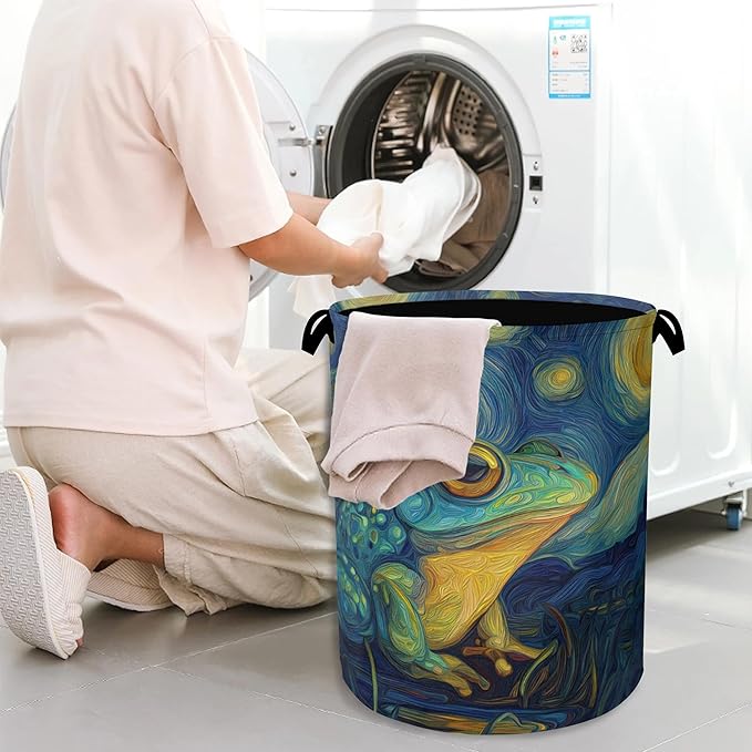 Frog Laundry Basket,Starry Night Moon Foldable Oxford Cloth Tote Bag Laundry Hamper Clothes Storage Bucket Organizer for Bedroom Laundry Storage Dormitories 16" x 20.8"