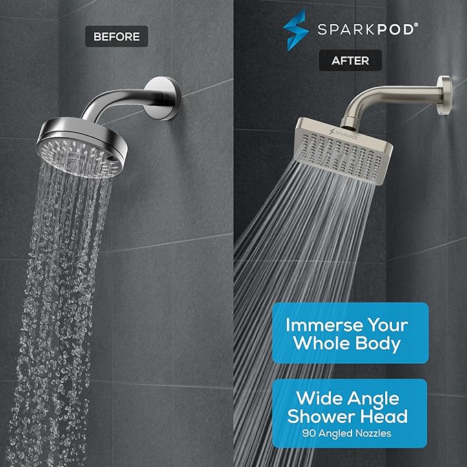SparkPod Shower Head - High Pressure Rain - Premium Quality Luxury Design - 1-Min Install - Easy Clean Adjustable Replacement for Your Bathroom Shower Heads (Elegant Brushed Nickel, 6 Inch Square)