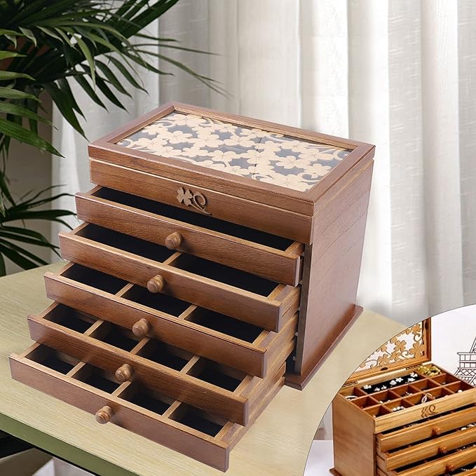 Jewelry Storage Organizer, 6 Layers with 5 Drawers Large Jewelry Organizer Wooden Storage Box Case for Woman (Brown type2)