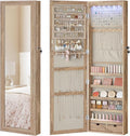 SONGMICS 6 LEDs Mirror Jewelry Cabinet, 47.2-Inch Tall Lockable Wall or Door Mounted Jewelry Armoire Organizer with Mirror, 2 Drawers, 3.9 x 14.6 x 47.2 Inches, Toasted Oak Color UJJC093N01
