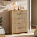 Fluted 6 Drawer Dresser for Bedroom, 44" Tall Modern Chest of Drawers, Curved Profile Design, Vertical Storage Dresser Organizer for Living Room, Hallway, Natural Oak