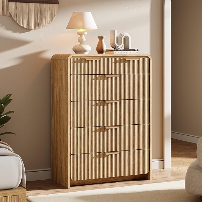 Fluted 6 Drawer Dresser for Bedroom, 44" Tall Modern Chest of Drawers, Curved Profile Design, Vertical Storage Dresser Organizer for Living Room, Hallway, Natural Oak