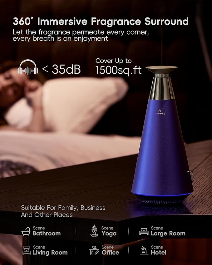 Waterless Scent Diffuser Starter Kit - 1500 Sq Ft Coverage, Alloy Atomization System,Mood Light,Smart Rechargeable Hotel Scent Diffuser, Including 120ml Essential Oil, for Home,Large Room,Spa,Blurple