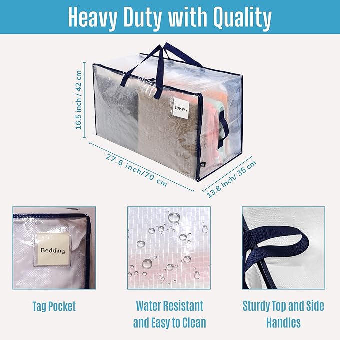 VENO 4 Pack Moving Bags and Large Christmas Decoration Storage Bins with lids. Alternative to Moving Boxes, Packing Supplies for College. Heavy Duty Totes (Clear, 4 Pack)