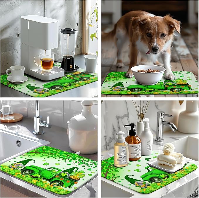 Kwlegh St Patricks Day Shamrock Drying Mat for Kitchen Counter Green Gnome Truck Dishes Drying Mat St. Patricks Day Spring Washable Dish Drying Pad Absorbent Microfiber Dishes Drainer Mats 16x18 Inch