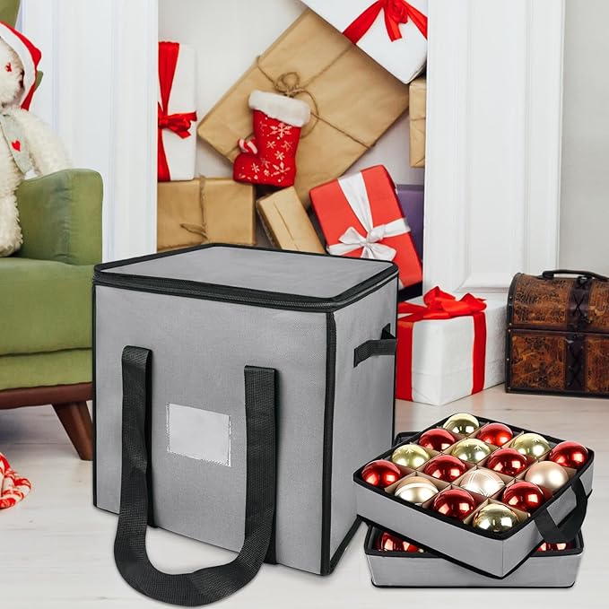 Christmas Ornament Storage Box with Dividers, Christmas Balls Storage Containers with Zipper & 4 Removable Trays - Holds Up to 64 Balls - 600D Oxford Christmas Decoration Storage Organizer (Gray)