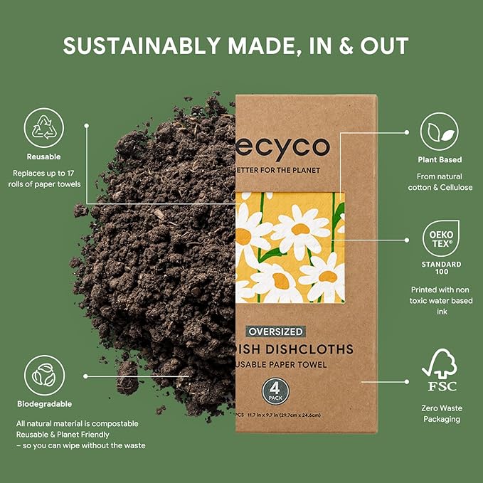 RECYCO Swedish Dishcloths for Kitchen | 4 Pack Oversized Washable Dish Rags | Large Cellulose Reusable Cleaning Paper Towels | Absorbent Counter Dish Cloth Sponge XL Kitchen Wipes, 12" L x 10" W