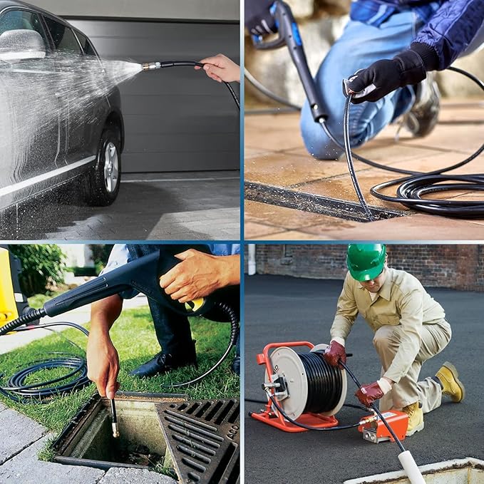 Zejoot 50FT Sewer Jetter Kit for Pressure Washer, 5800PSI Drain Cleaner Hose 1/4 Inch NPT Corner with 4 Sewer Jetting Nozzles，Waterproof Tape，Pearl Corsage Pin，Handle Strap & 2 Spanners (Black)