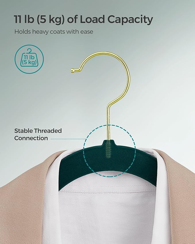 SONGMICS Velvet Hangers 50 Pack, Non-Slip Clothes Hangers, Suit Hangers with Shoulder Notches, Pants Bar, 360° Swivel Hook, Space-Saving, for Closet, Forest Green UCRF029C05