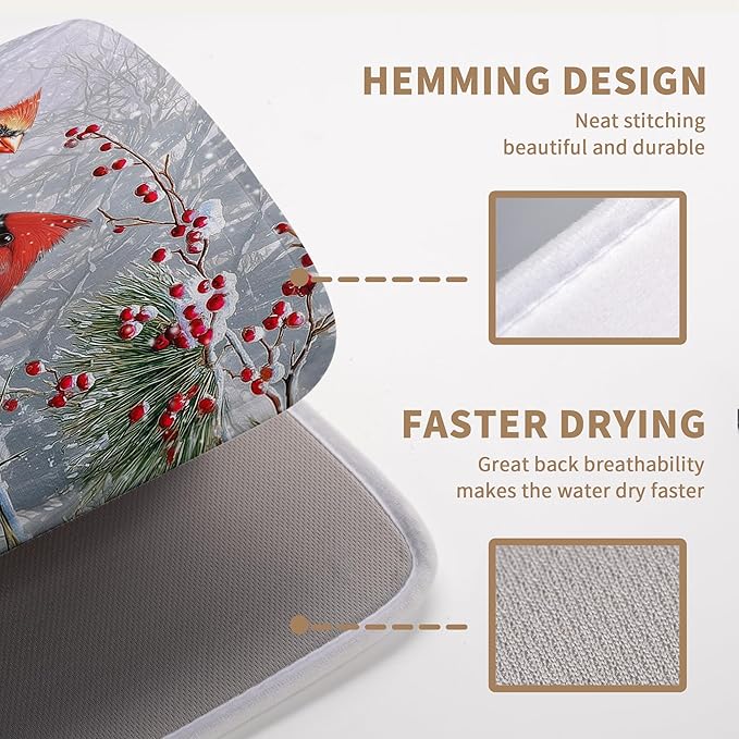 Winter Cardinal Birds Dish Drying Mats Christmas Snowflake Dish Mat Kitchen Tree Large Drying Matt Dishes Dryer Pad for Kitchen Counter Absorbent Microfiber Washable Foldable Reusable 18x24 in