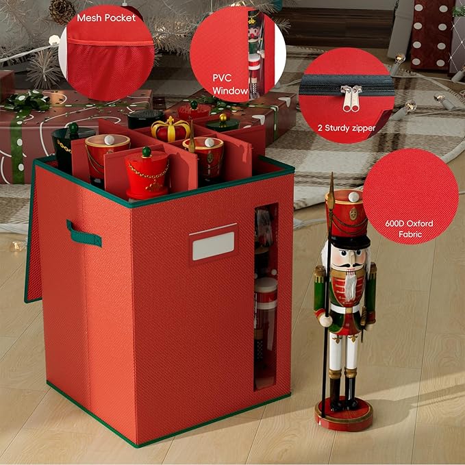 VERONLY Christmas Nutcracker and Figurine Storage Box, Holds 9-16" Tall Nutcracker Ornaments, Foldable Holiday Decoration Organizer with Removable Dividers & View Window (Nutcracker Not Included)
