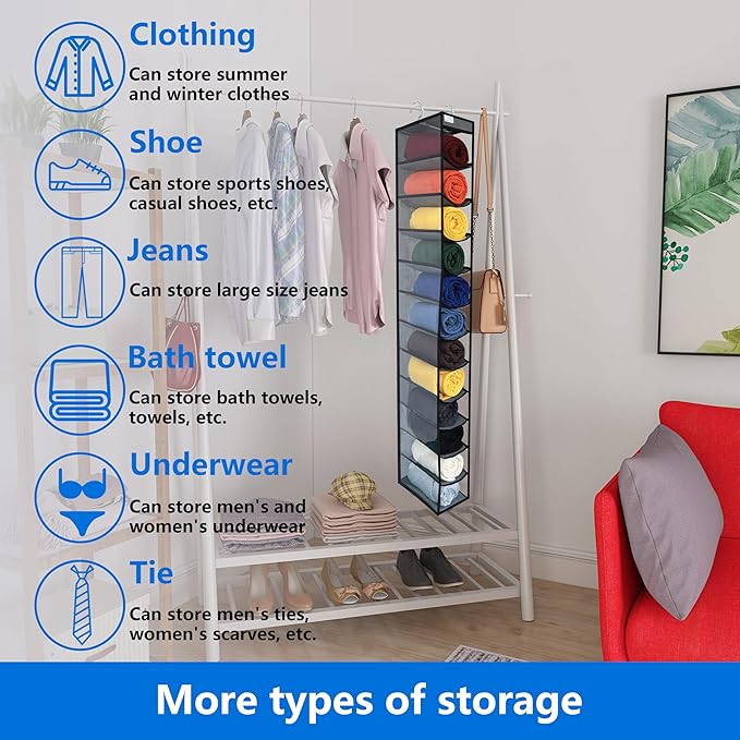 zebricolo,Closet Organization,12 Section,Hanging Closet Organizer,Space Saving, College Dorm Essentials for Girls, Heavy dutys Hooks Up to 45 Pounds, Clothes Storage,Closet Organizer,Grey/Black