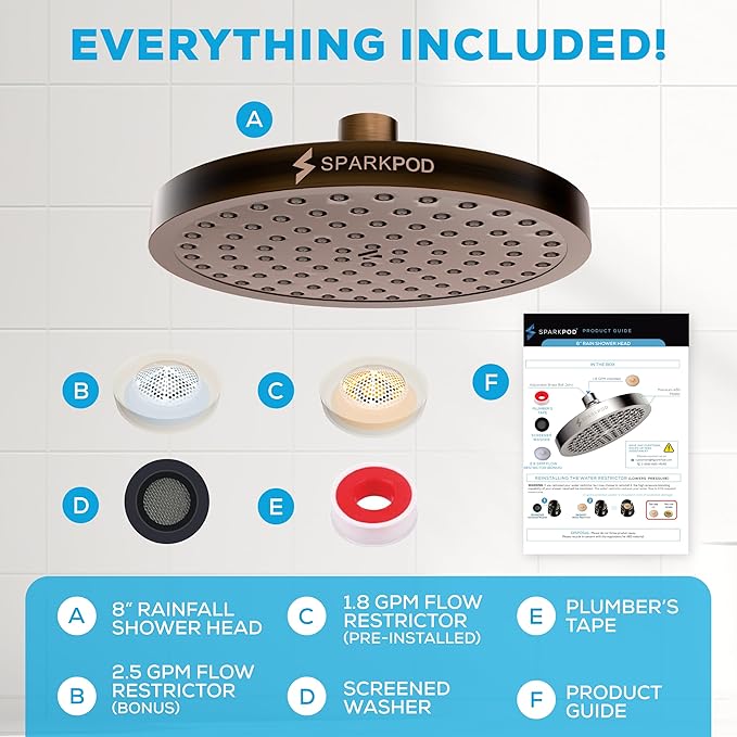 SparkPod Shower Head - High Pressure Rain - Premium Quality Luxury Design - 1-Min Install - Easy Clean Adjustable Replacement for Your Bathroom Shower Heads (Vintage Oil Rubbed Bronze, 8 Inch Round)