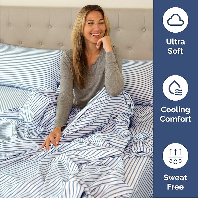 Queen 6 Piece Sheet Set - Comfy Breathable & Cooling - Soft Hotel Luxury Bedding Set with 8-16 Inch Deep Pockets - 1 Flat & 1 Fitted Sheet & 4 Pillowcases - Wrinkle Free & Easy Care - Blue Stripes 2