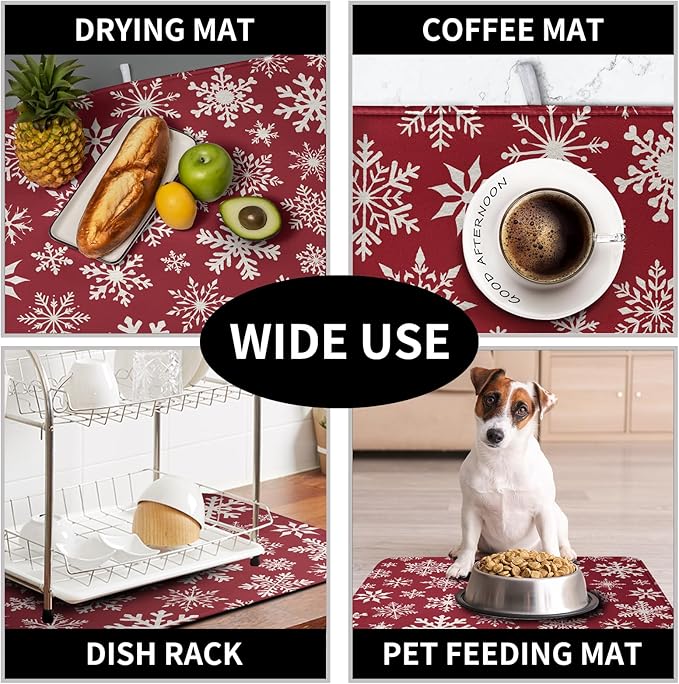 Kwlegh Christmas Snowflakes Dish Drying Mat for Kitchen Counter 18x24 Inch Red White Winter Xmas Pattern Dish Drying Pad for Dishes Microfiber Absorbent Dish Drainer Rack Mats for Countertop