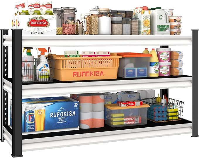 Rufokisa 3-Tier Garage Shelving Heavy Duty,48" W Metal Shelving Unit for Garage,1600lbs Load Capacity Utility Rack Shelves & Shelves,48" W x 18" D x 39" H(White)