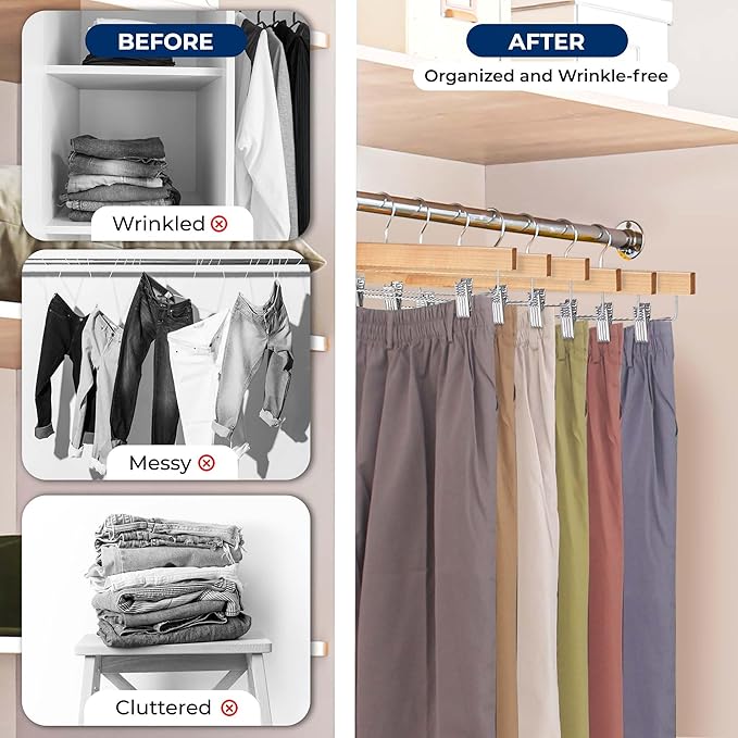 SereneLife 20 Pack Skirt and Pant Hanger with Adjustable Non-Slip Steel Clips, Premium Wooden, 360° Swivel Hook & 10 lb Capacity – Space-Saving Heavy-Duty Hangers for Jeans, Shorts & Slacks (Natural)