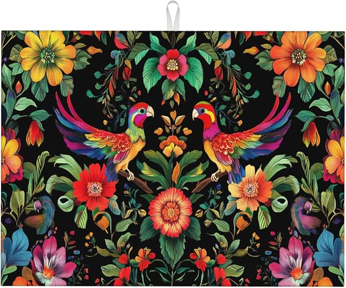 Mexican Flowers Dish Drying Mat for Kitchen Counter Microfiber Super Absorbent Non-Slip Dish Drying Pad for Countertops Dishes Utensils Stylish Quick-Dry Machine Washable 18x24 Inch