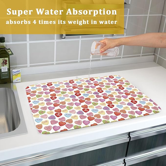 Valentine’s Day Dish Drying Mat for Kitchen Counter 24x18 Inch Colorful Love Drying Mat with Absorbent Reversible Microfiber Holiday Dish Drainer Mats Rack Pad for Coffee Countertop Protector