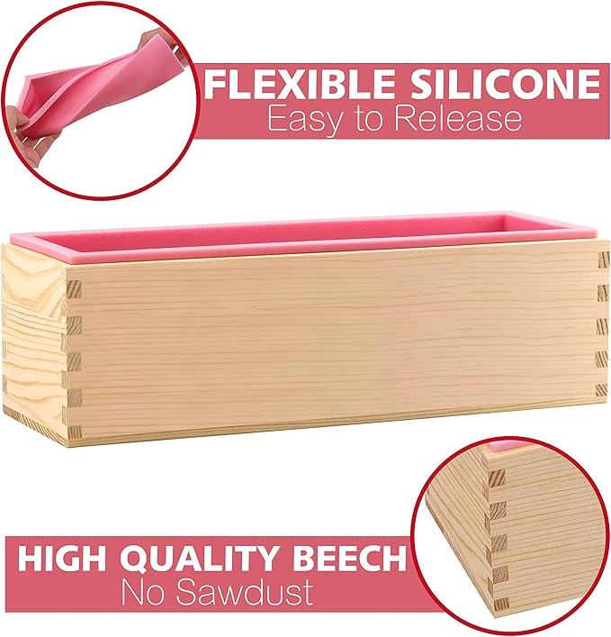 LERYKIN Rectangular Soap Mold Kit with Cutter- 42oz Flexible Silicone Loaf Soap Mold with Wood Box, Stainless Steel Wavy & Straight Scraper for Homemade Craft Soap Making Supplies
