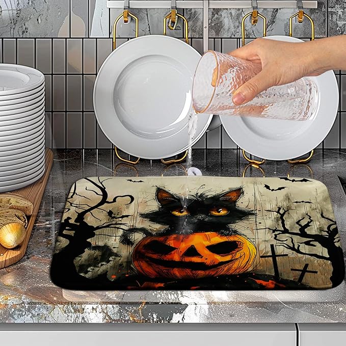 Wnoesat Black Cat Halloween Kitchen Dishes Drying Mat 16x18 Inch Halloween Fall Pumpkin Bat Dish Drying Mats for Kitchen Counter Absorbent Microfiber Dish Rack Mat Drainer Pad for Coffee Bar Sinks