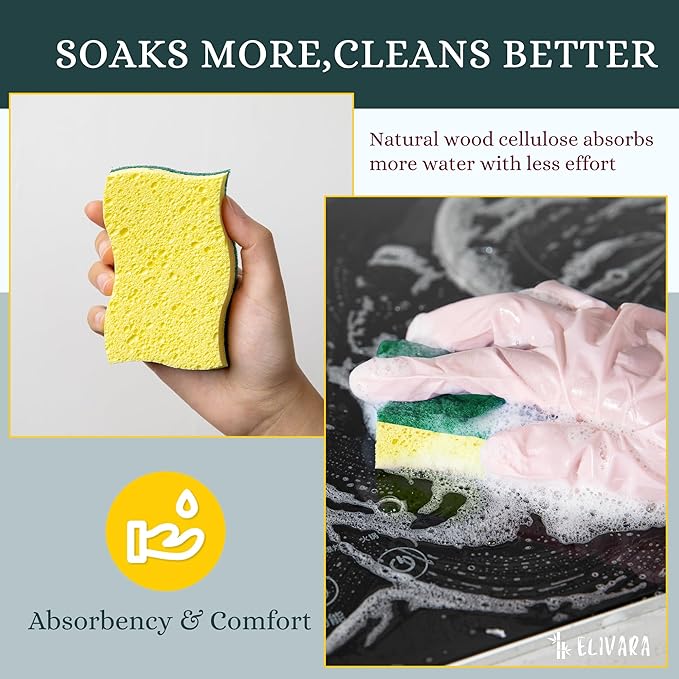 ELIVARA Kitchen Sponges – 12 Pack – Non-Scratch Dual-Sided Cellulose Scrub Sponges for Dishes, Pots, and Pans – Durable, Absorbent, and Reusable (Green/Yellow)