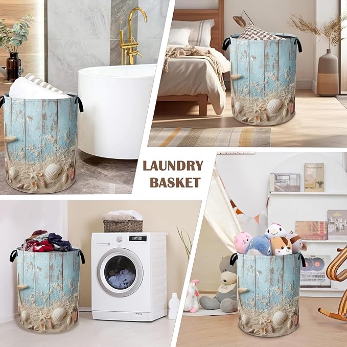 Large Laundry Basket,Beach Seashell Starfish Collapsible Laundry Baskets,Blue Wooden Waterproof Oxford Hamper with Handles for Bathroom Bedroom Nursery Home Storage 16"x20"