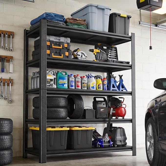 Metal Garage Shelving Unit,Heavy Duty 5-Tier Adjustable Storage Rack,Steel Shelving,3000 lbs Capacity,Industrial Shelves for Heavy Tools and Equipment,Ideal for Garage (71"H×36"W×14"D With Fences)