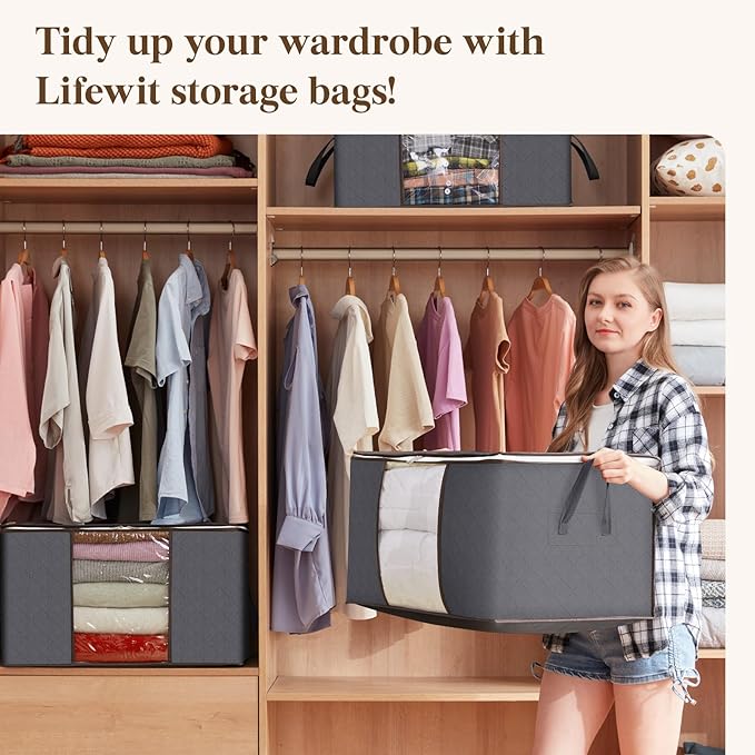Lifewit 30 Pack Clothes Storage Bins with Lids, Foldable Blanket Storage Bags with Zippers, Clear Window and Reinforced Handles, Closet and Organization for Clothing, Sweater, Comforter, Bedding, Gray
