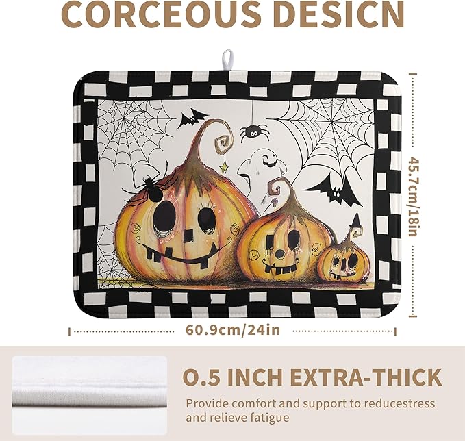 Wnoesat Happy Halloween Fall Pumpkin Dish Drying Mat for Kitchen Counter 18x24 In Spooky Ghost Bats Spider Web Buffalo Plaid Drying Mats Microfiber Dish Drainer Mat Large Absorbent Fast Dry Pad