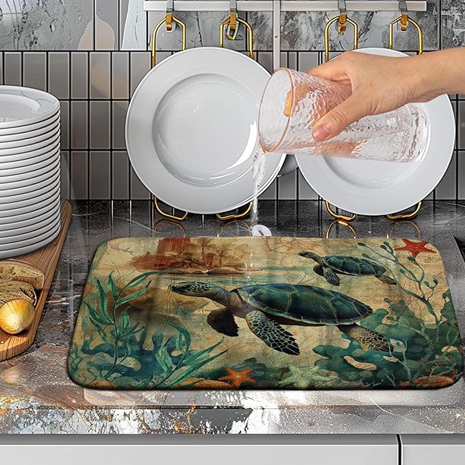 Wnoesat Vintage Ocean Sea Turtle Dish Drying Mats for Kitchen Counter 16 X 18 Inch Summer Turtle Dish Mat Drying Kitchen Mat Nautical Coastal Absorbent Drying Mat with Hanging Loop, 240219