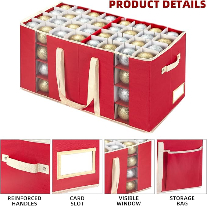 inin Christmas Ornament Storage Box with Adjustable Dividers,Christmas Ornaments Organizer with Zipper,Storage Container Bin with Side Pockets for Holiday Decorations(128 Ball, Red, without Tray)