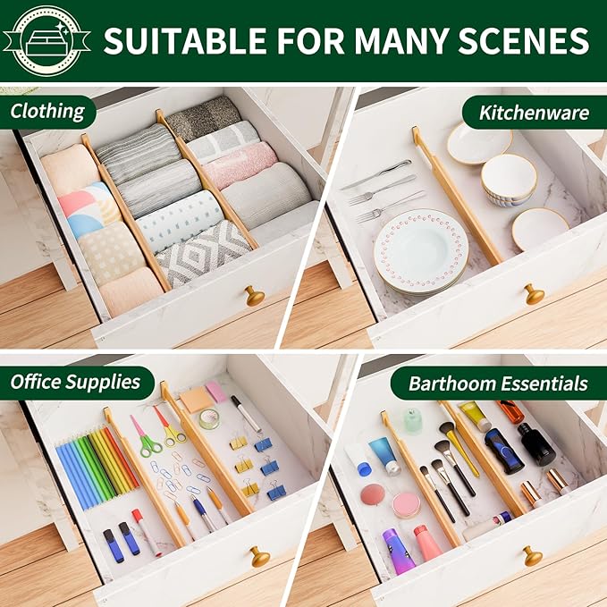 Dunruz 6 Pack Bamboo Drawer Dividers 2.6" High,17-22" Adjustable Spring Loaded Clothes Drawer Organizers for Kitchen, Dresser, Bathroom, Bedroom and Office