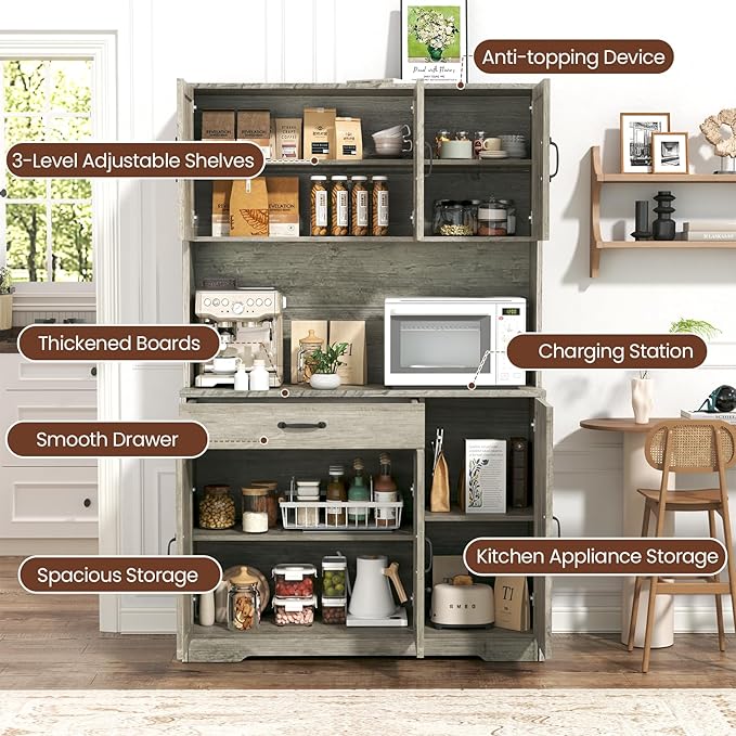 71" Pantry Cabinet with Charging Station, Large Capacity Kitchen Hutch Storage Cabinet, Kitchen Cabinet with Microwave Stand, Storage Drawers & Adjustable Shelves for Dining Room, Grey