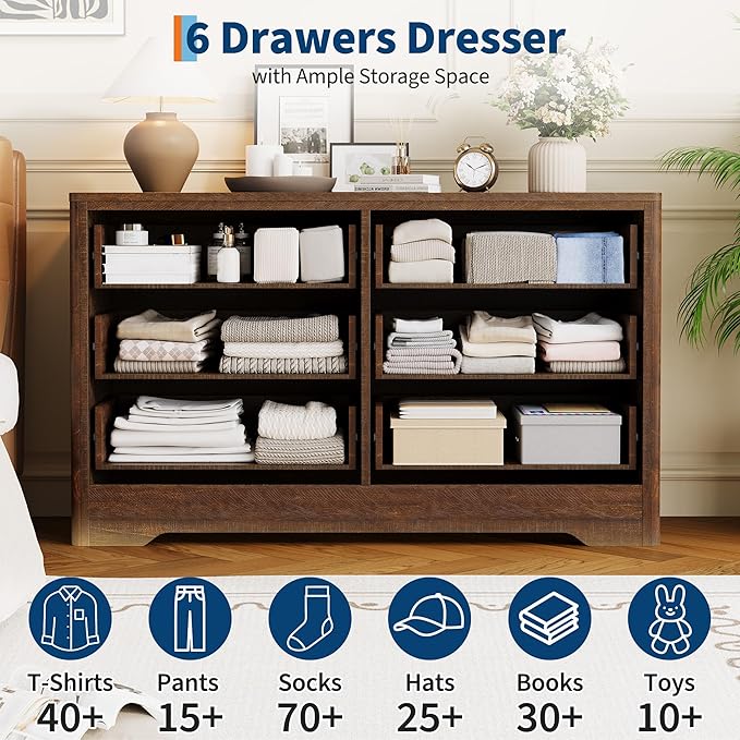 Garvee Dresser for Bedroom with 6 Drawers, 47.2'' Wide Chest of Large Decorative Drawer Front with Large Clothes Storage Cabinet, Wood Bedroom Dresser, TV Stand for Nursery, Living Room, Brown