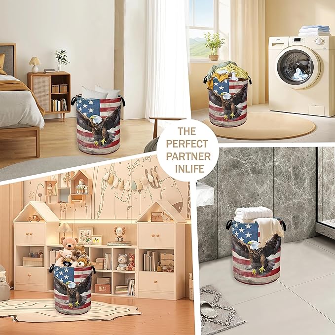 Bald Eagle Laundry Basket,American Flag Clothes Hamper,Oxford Cloth Collapsible Nursery Hamper Storage Organization for Bedroom,Bathroom,Office,College Dorms,16x20 Inch