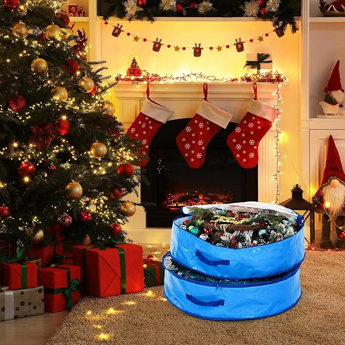 Aliceset 4 Pack Wreath Storage Containers, Christmas Ornament Garland Wreath Storage Bags with Handle Dual Zipper Large Decorative Storages Box for Winter Wreaths(24 x 24 x 7.8 Inch,Blue)