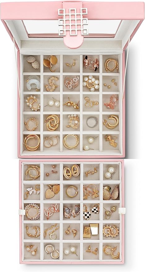 Glenor Co Earring Organizer - Classic 50 Section Jewelry Box/Case/Holder for Earrings, Rings, Necklaces, Jewelry, Cufflinks or Collections -2 Layer Small Compartments with Large Glass Top - Soft Pink