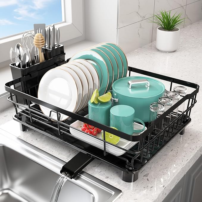 Ricobes Dish Drying Rack - Space Saving Dish Rack - Dish Racks for Kitchen Counter with Drainboard,Rustproof Dish Drainer with Removable Utensil Holder,Black