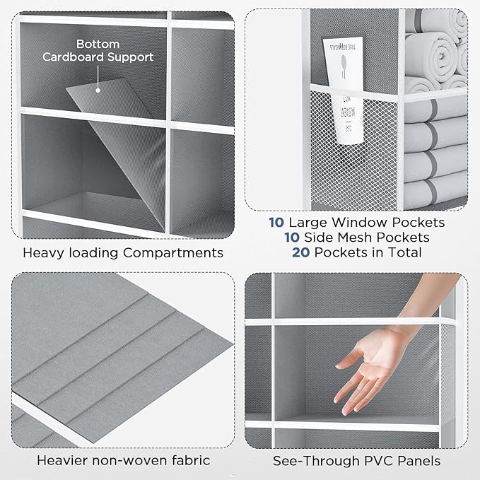 PureSpace 5-Tier Over The Door Organizer with 10 Side Mesh Pockets & Clear Windows, 80 lb Weight Capacity Hanging Storage for Bathroom, Bedroom, Nursery, Kitchen, Organizer Toys(Clear Grey)