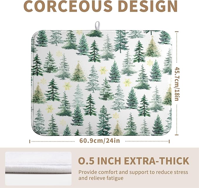 Christmas Trees Dish Drying Mat 18x24 Inch Large Size Winter Dish Dry Mats Microfiber Snowflake Absorbent Drying Pad for Kitchen Counter Forest Kitchen Decor Coffee Bar