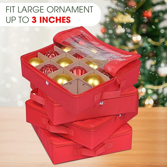 ProPik 4 Pcs Christmas Ornament Storage Boxes with Dividers | 4 Individual Trays Hold 64 Holiday Decoration Balls | Durable Ornaments Organizer Storage Box | Zippered Closure with Handles (Red)