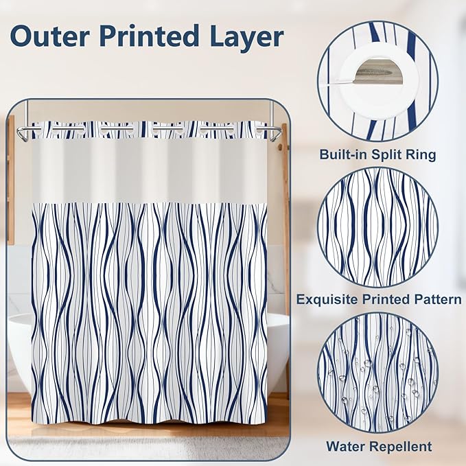 Abstract Blue Striped Shower Curtains for Bathroom, Waterproof Double Layers Fabric Printed No Hook Shower Curtain and Liner Set, Modern Geometric Hotel Luxury Decor Bathroom Curtain, 71x74 Inch