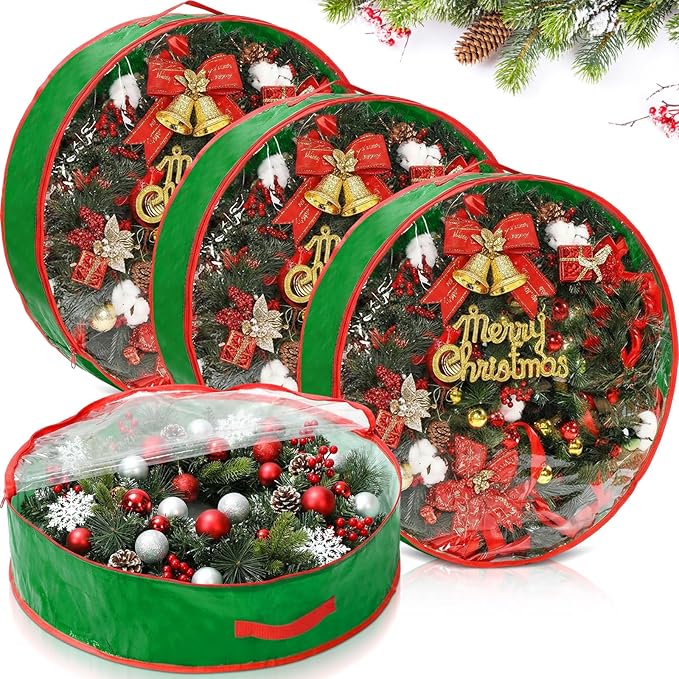 Aliceset 4 Pack Wreath Storage Containers, Christmas Ornament Garland Wreath Storage Bags with Handle Dual Zipper Large Decorative Storages Box for Winter Wreaths(36 x 36 x 7.8 Inch,Light Green)