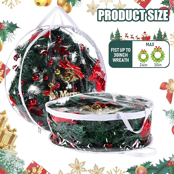 Zhengmy 5 Pcs 30 Inch Christmas Wreath Storage Bags Transparent Wreath Storage Container Bulk Wreaths Box with Dual Zippers and Handles for Xmas Holiday Wreaths Garland