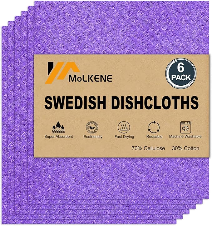 MoLKENE Swedish Dishcloths for Kitchen | 6 Pack Absorbent Cellulose Sponge Cloths Washable | Non-Scratch Reusable Paper Towels Quick Drying Cleaning Cloths - Purple