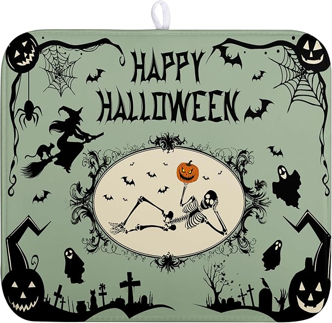 Wnoesat Happy Halloween Dish Drying Mat for Kitchen Counter 16x18 Skull Pumpkin Witch Spider Web Bat Ghost Drying Mats Green Black Absorbent Microfiber Dish Drainer Rack Pad for Coffee Bar