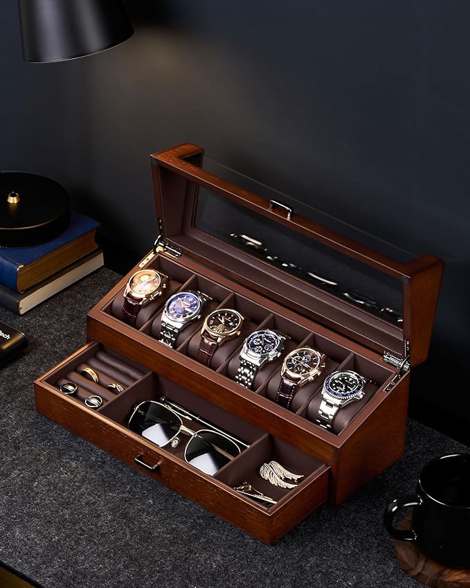 ProCase Wooden Watch Box for Men, Wood Watch Display Case Men's Jewelry Organizer Box with Drawer -6 Slot, Walnut