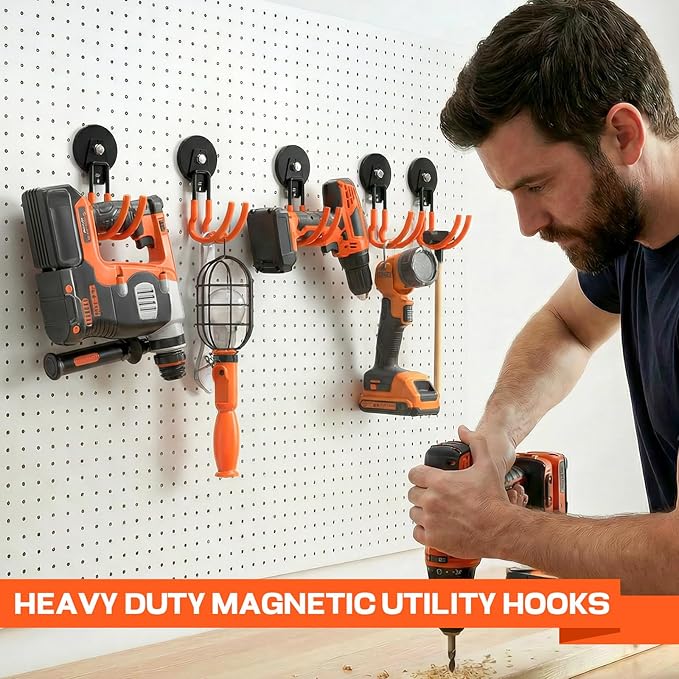 Heavy Duty Magnetic Utility Hooks ，J-Type Storage Hooks, with Anti-Slip Layer, Suitable for Metal Cabinets, Hanging Boards, Garage Shelves, Gardening Tools (Orange 4 pcs)